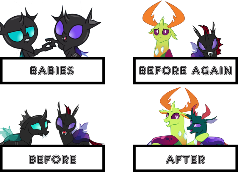 Size: 1280x924 | Tagged: artist:dashiesparkle, artist:kirbymlp, artist:no-time-for-caution, artist:sketchmcreations, baby, brothers, changedling, changeling, derpibooru import, king thorax, male, nymph, pharynx, prince pharynx, reformed, safe, siblings, the times they are a changeling, thorax, to change a changeling