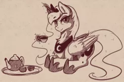 Size: 1446x960 | Tagged: safe, artist:arjinmoon, derpibooru import, princess luna, alicorn, pony, cup, ethereal mane, explicit source, female, folded wings, food, glowing horn, hoof shoes, horn, jewelry, levitation, looking at you, magic, mare, monochrome, peytral, regalia, simple background, solo, tea, teacup, telekinesis, wings