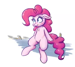 Size: 1280x1152 | Tagged: safe, artist:heir-of-rick, derpibooru import, pinkie pie, earth pony, pony, blushing, chest fluff, cute, diapinkes, female, floppy ears, food, mare, pi day, pie, pie tin, simple background, sitting, smiling, solo, white background