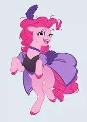 Size: 1036x1458 | Tagged: safe, artist:saturniade, derpibooru import, pinkie pie, earth pony, pony, over a barrel, bipedal, blue background, clothes, cloven hooves, dancing, dress, female, looking at you, mare, open mouth, saloon dress, saloon pinkie, simple background, solo