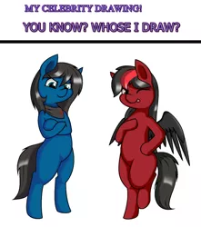 Size: 1472x1668 | Tagged: safe, artist:pencil bolt, derpibooru import, oc, oc:blue pone, oc:red pone, pegasus, pony, female, mare, red and black oc, request, standing, wings