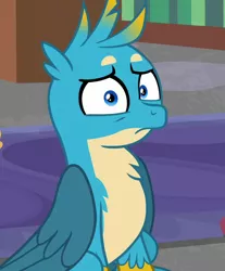 Size: 596x720 | Tagged: safe, derpibooru import, edit, edited screencap, screencap, gallus, gryphon, hybrid, pony, what lies beneath, beakless, confused, cropped, cursed image, frown, looking at you, male, muzzle, oh no, pony-muzzled griffon, pure unfiltered evil, sitting, solo focus, wat, what has science done, wide eyes, worried, wtf