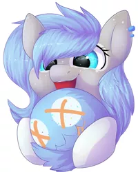 Size: 746x931 | Tagged: safe, artist:donutnerd, derpibooru import, oc, oc:noelle, earth pony, pony, blue eyes, blue mane, female, freckles, gray coat, happy, head, holding, hooves, mare, markings, piercing, smiling, solo, tailmouth