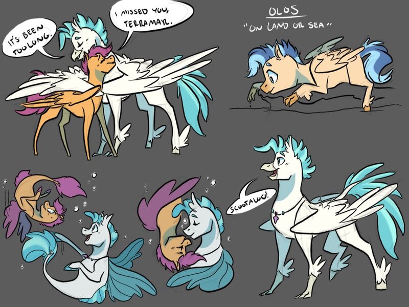 Size: 1032x774 | Tagged: safe, artist:baylard, derpibooru import, scootaloo, terramar, oc, oc:olos, classical hippogriff, hippogriff, hybrid, pegasus, pony, seapony (g4), female, gray background, hug, interspecies, interspecies offspring, jewelry, male, mare, necklace, nuzzling, offspring, older, parent:scootaloo, parent:terramar, parents:terraloo, pearl necklace, seaponified, seapony scootaloo, shipping, simple background, species swap, speech bubble, straight, terraloo, winghug