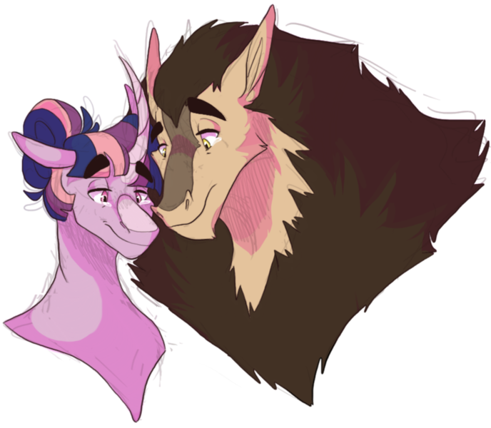 Size: 957x835 | Tagged: safe, artist:baylard, derpibooru import, scorpan, twilight sparkle, gargoyle, pony, alternate hairstyle, bust, crying, curved horn, eyebrows visible through hair, female, floppy ears, hair bun, horn, interspecies, male, mare, scorlight, shipping, simple background, smiling, straight, tears of joy, transparent background