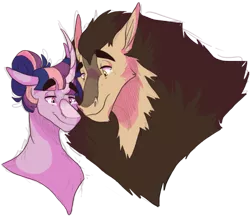 Size: 957x835 | Tagged: safe, artist:baylard, derpibooru import, scorpan, twilight sparkle, gargoyle, pony, alternate hairstyle, bust, crying, curved horn, eyebrows visible through hair, female, floppy ears, hair bun, horn, interspecies, male, mare, scorlight, shipping, simple background, smiling, straight, tears of joy, transparent background