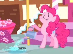 Size: 940x692 | Tagged: safe, derpibooru import, screencap, pinkie pie, earth pony, pony, pinkie pride, acting, cropped, eyes closed, female, holding, mare, raised hoof, smiling, watering can