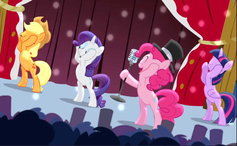 Size: 1521x940 | Tagged: safe, derpibooru import, screencap, applejack, pinkie pie, rarity, twilight sparkle, twilight sparkle (alicorn), alicorn, earth pony, pony, unicorn, pinkie pride, bipedal, cropped, dancing, eyes closed, female, freckles, hat, hooves on face, lights, mare, microphone, smiling, top hat