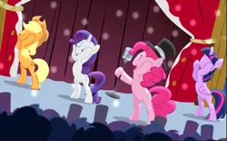 Size: 1521x940 | Tagged: safe, derpibooru import, screencap, applejack, pinkie pie, rarity, twilight sparkle, twilight sparkle (alicorn), alicorn, earth pony, pony, unicorn, pinkie pride, bipedal, cropped, dancing, eyes closed, female, freckles, hat, hooves on face, lights, mare, microphone, smiling, top hat