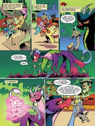 Size: 768x1024 | Tagged: safe, artist:andypriceart, derpibooru import, idw, cosmos (character), discord, unnamed character, unnamed pony, dog, draconequus, earth pony, insect, ladybug, pony, unicorn, spoiler:comic, spoiler:comic76, background pony, chaos, comic, female, filly, green sky, magic, male, official comic, possessive, preview, size difference, speech bubble, stinger, transformation