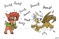 Size: 1150x775 | Tagged: safe, artist:skoon, derpibooru import, gilda, anthro, gryphon, satyr, angry, bipedal, clothes, crossover, derp, dialogue, digital art, dweeb, elora, epic battle, faun, feather, female, humor, jumping, leonine tail, majestic as fuck, open mouth, simple background, spread wings, spyro the dragon, white background, wings