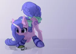 Size: 1492x1059 | Tagged: safe, artist:little-sketches, derpibooru import, oc, oc:avici flower, unofficial characters only, pony, unicorn, bandage, bow, broken horn, clothes, cute, eye clipping through hair, female, frostinglyladale, horn, mare, plant, socks, solo, striped socks, tail bow