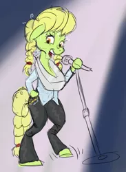 Size: 704x960 | Tagged: safe, artist:snapai, derpibooru import, granny smith, earth pony, semi-anthro, bipedal, dolly parton, looking at you, microphone, solo, yoke