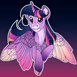 Size: 2449x2449 | Tagged: safe, artist:turnipberry, deleted from derpibooru, derpibooru import, twilight sparkle, twilight sparkle (alicorn), alicorn, pony, bust, chest feathers, cloven hooves, colored wings, colored wingtips, ethereal mane, female, gradient background, gradient legs, mare, shoulder feathers, smiling, solo, starry eyes, starry mane, two toned wings, wingding eyes, wings