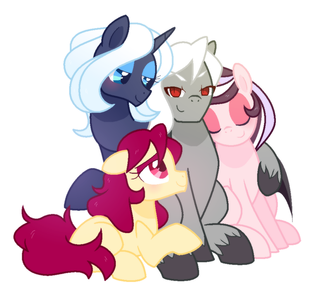 Size: 1000x900 | Tagged: safe, artist:yokokinawa, derpibooru import, oc, oc:dracula, oc:melody diamond, oc:soft petal, oc:violet quill, earth pony, pony, unicorn, vampire, vampony, ot4, polyamory, simple background, white background, wives