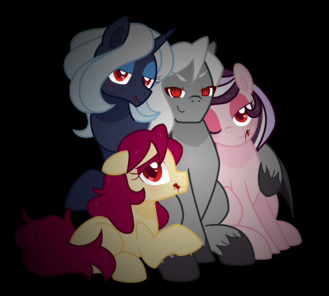 Size: 1000x900 | Tagged: safe, artist:yokokinawa, derpibooru import, oc, oc:dracula, oc:melody diamond, oc:soft petal, oc:violet quill, earth pony, pony, unicorn, vampire, vampony, black background, blood, looking at you, red eyes, simple background, wives