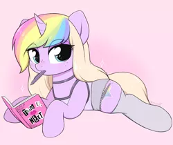 Size: 2296x1927 | Tagged: safe, artist:moozua, derpibooru import, oc, oc:lullaby tiara, unofficial characters only, pony, unicorn, burn book, clothes, mouth hold, pen, pink, prone, pudge, socks, solo, thank u next