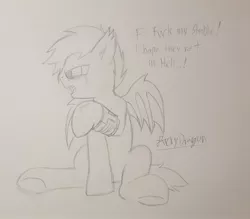 Size: 2406x2112 | Tagged: safe, artist:lucky dragon, derpibooru import, oc, oc:lotus, bat pony, pony, fallout equestria, bat pony oc, bat wings, crying, male, pipbuck, sitting, sketch, stallion, traditional art, underhoof, vulgar, wings