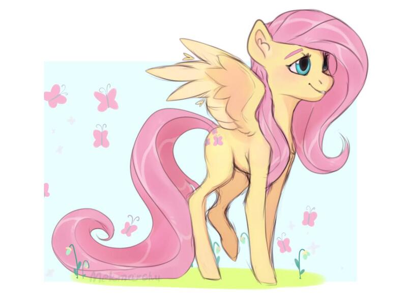Size: 1073x794 | Tagged: safe, artist:mekmarchu, derpibooru import, fluttershy, butterfly, pegasus, pony, cute, ear fluff, female, flower, looking away, mare, raised leg, shyabetes, smiling, solo, spread wings, standing, three quarter view, two toned wings, wings