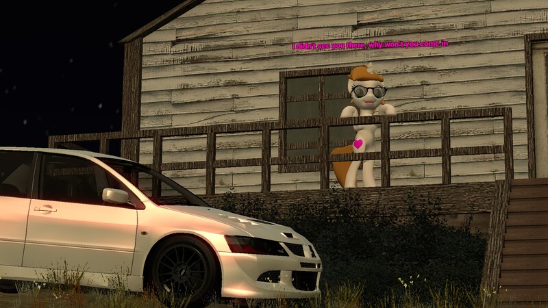 Size: 1920x1080 | Tagged: safe, artist:sevenxninja, derpibooru import, oc, oc:love biscuit, unofficial characters only, pony, 3d, car, glasses, gmod, grass, house, mitsubishi, mitsubishi lancer, night, stairs, text