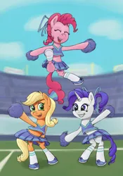 Size: 1400x2000 | Tagged: safe, artist:phidaazn, derpibooru import, applejack, pinkie pie, rarity, earth pony, pony, unicorn, alternate hairstyle, armpits, bipedal, braces, cheerleader, cheerleader outfit, clothes, cute, eyes closed, female, freckles, midriff, miniskirt, open mouth, panties, panty shot, pleated skirt, pom pom, ponytail, shoes, skirt, skirt lift, smiling, socks, teenage applejack, teenager, trio, underwear, upskirt, white underwear