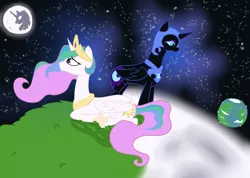 Size: 3299x2351 | Tagged: safe, artist:nekosammsi, derpibooru import, nightmare moon, princess celestia, alicorn, pony, banishment, crown, earth, female, grass, jewelry, lying down, moon, regalia, sad, space, stars