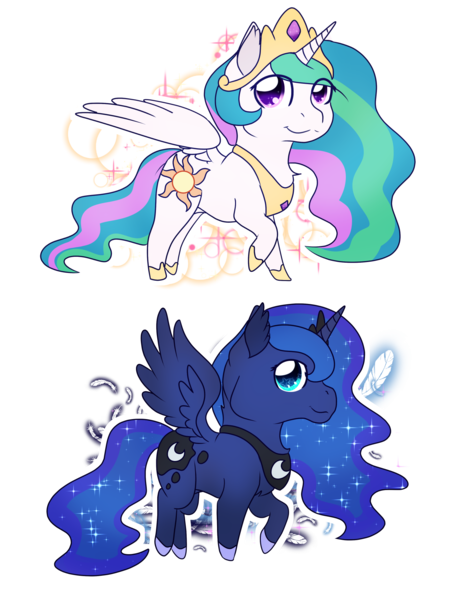Size: 1447x1834 | Tagged: alicorn, artist:8bitgalaxy, chibi, crown, derpibooru import, digital art, ethereal mane, female, jewelry, looking up, mare, necklace, peytral, princess celestia, princess luna, raised hoof, regalia, safe, siblings, simple background, sisters, smiling, spread wings, transparent background, wings