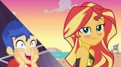 Size: 2165x1191 | Tagged: safe, artist:kingdark0001, derpibooru import, edit, flash sentry, sunset shimmer, equestria girls, equestria girls series, spring breakdown, spoiler:eqg series (season 2), bare shoulders, beach, beach babe, beautiful, bedroom eyes, blushing, clothes, cropped, female, flashimmer, lidded eyes, looking at you, lovesick, male, ocean, sand, shipping, sleeveless, starry eyes, starstruck, straight, sunset, swimsuit, wingding eyes