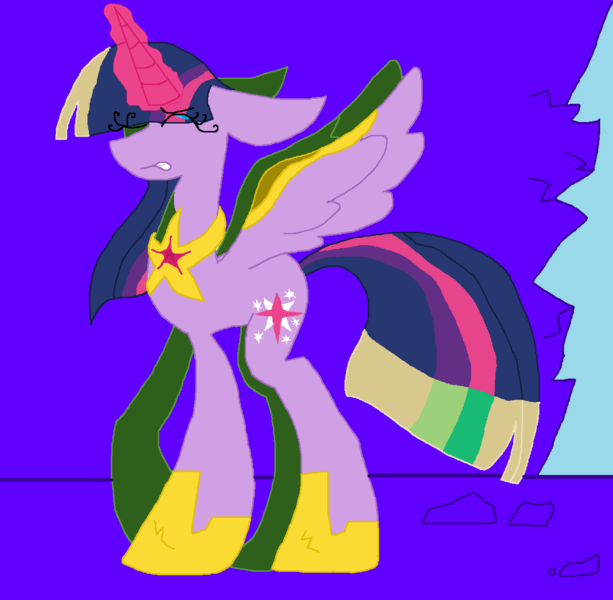 Size: 1240x1214 | Tagged: safe, artist:eeveeglaceon, derpibooru import, twilight sparkle, twilight sparkle (alicorn), alicorn, pony, tumblr:the sun has inverted, armor, blue background, brighter hair, civil war, color change, crying, darkened coat, divided equestria, eyes closed, female, glowing horn, hoof shoes, horn, indigo background, inversion attempt, inversion spell, inverted, inverted colors, lighter hair, magic, magic aura, partial inversion, property damage, purple background, rebellion, resistance, retreating, sidemouth, simple background, solo, tumblr, violet background