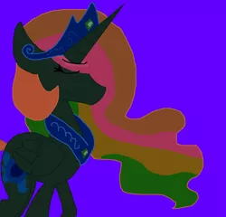Size: 847x813 | Tagged: safe, artist:eeveeglaceon, derpibooru import, princess celestia, alicorn, pony, tumblr:the sun has inverted, betrayed, blue background, blue sun, civil war, color change, darkened coat, disappointed, divided equestria, eyes closed, female, indigo background, invert princess celestia, inverted, inverted colors, inverted princess celestia, multicolored hair, purple background, rainbow hair, sad, sadness, sidemouth, simple background, solo, tumblr, violet background