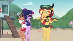 Size: 1920x1080 | Tagged: safe, derpibooru import, screencap, sci-twi, sunset shimmer, timber spruce, twilight sparkle, equestria girls, equestria girls series, unsolved selfie mysteries, beach, belly, belly button, bikini, bikini babe, cap, clothes, diving goggles, female, geode of empathy, geode of telekinesis, glasses, hat, legs, lifeguard timber, magical geodes, male, midriff, mountain, ponytail, shorts, shrug, sleeveless, snorkel, swimsuit
