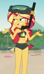 Size: 604x1020 | Tagged: safe, derpibooru import, screencap, sunset shimmer, equestria girls, equestria girls series, unsolved selfie mysteries, beach, belly button, bikini, clothes, cropped, curvy, diving goggles, geode of empathy, goggles, magical geodes, midriff, shrug, shrugset shimmer, sleeveless, snorkel, solo, swimsuit