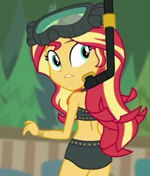 Size: 606x711 | Tagged: safe, derpibooru import, screencap, sunset shimmer, equestria girls, equestria girls series, unsolved selfie mysteries, ass, bikini, bunset shimmer, butt, clothes, cropped, diving goggles, female, looking back, midriff, rear view, sleeveless, snorkel, solo, swimsuit