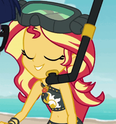 Size: 800x850 | Tagged: safe, derpibooru import, screencap, sci-twi, sunset shimmer, twilight sparkle, equestria girls, equestria girls series, unsolved selfie mysteries, animated, belly button, bikini, clothes, cropped, cute, diving goggles, geode of empathy, gif, magical geodes, midriff, offscreen character, shimmerbetes, snorkel, solo focus, swimsuit