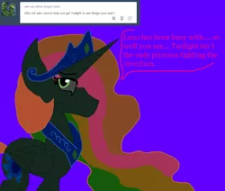 Size: 1042x884 | Tagged: safe, artist:eeveeglaceon, derpibooru import, princess celestia, alicorn, pony, tumblr:the sun has inverted, ask, betrayed, blue background, blue sun, civil war, color change, darkened coat, divided equestria, female, green eye, indigo background, invert princess celestia, inverted, inverted colors, inverted princess celestia, multicolored hair, purple background, rainbow hair, sad, sadness, sidemouth, simple background, solo, tumblr, violet background, word balloon, word bubble