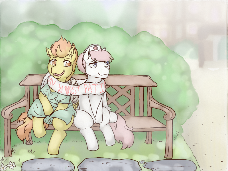 Size: 1000x750 | Tagged: safe, artist:lavilovi, derpibooru import, nurse redheart, spitfire, pony, bench, clothes, female, lesbian, outdoors, scarf, shared clothing, shared scarf, shipping, sitting, smiling