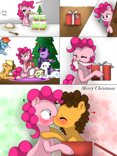 Size: 1536x2048 | Tagged: safe, artist:valiantstar00, derpibooru import, applejack, cheese sandwich, fluttershy, pinkie pie, rainbow dash, rarity, twilight sparkle, twilight sparkle (alicorn), alicorn, blushing, cake, cheesepie, christmas, christmas tree, comic, cute, female, food, holiday, kissing, male, present, shipping, straight, surprise kiss, tree