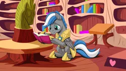 Size: 1280x720 | Tagged: safe, artist:mysticalpha, derpibooru import, oc, oc:cloud zapper, unofficial characters only, pegasus, pony, armor, book, golden oaks library, guard armor, library, male, reading, royal guard, sitting, solo, stallion