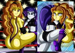Size: 1000x707 | Tagged: suggestive, artist:xjkenny, derpibooru import, adagio dazzle, rarity, human, equestria girls, adagio dat-azzle, ass, bikini, boots, breasts, butt, camera flashes, clothes, one eye closed, rearity, shoes, sling bikini, sports, swimsuit, thighs, wink, wrestling