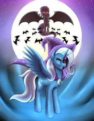 Size: 1700x2200 | Tagged: safe, artist:megablack0x, derpibooru import, fluttershy, trixie, alicorn, bat, bat pony, pony, alicornified, bat ponified, cape, clothes, female, flutterbat, hat, mask, moon, race swap, red eyes, trixie's cape, trixie's hat, trixiecorn