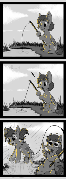 Size: 1200x3241 | Tagged: safe, artist:zobaloba, derpibooru import, oc, oc:pepper slice, oc:sweet heat, oc:vee ness, original species, pegasus, pony, shark, shark pony, black and white, comic, commission, couple, female, fishing, funny, grayscale, heart eyes, lesbian, lol, love, monochrome, oc x oc, shipping, short comic, water, wingding eyes, wtf, ych example, ych result, your character here