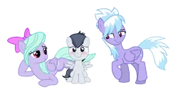 Size: 4677x2757 | Tagged: safe, artist:lunaticdawn, derpibooru import, cloudchaser, flitter, rumble, pegasus, pony, bedroom eyes, bisexual, blushing, cloudrumble, colt, female, flitterumble, flitterumblechaser, incest, lesbian, lying down, male, mare, polyamory, rumble gets both the mares, rumblechaser, shipping, simple background, sitting, spread wings, straight, transparent background, trio, wingboner, wings