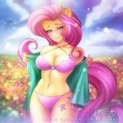 Size: 900x900 | Tagged: suggestive, artist:kgfantasy, derpibooru import, fluttershy, anthro, bat pony, belly button, blushing, bra, breasts, busty fluttershy, clothes, female, flower, flutterbat, human facial structure, panties, pink underwear, race swap, solo, solo female, stupid sexy fluttershy, underwear