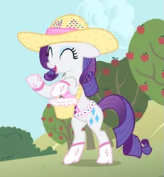 Size: 673x727 | Tagged: safe, derpibooru import, screencap, rarity, pony, unicorn, simple ways, apple, apple tree, bipedal, boots, clothes, cropped, cute, eyes closed, female, floppy ears, hat, mare, open mouth, raribetes, rhinestone rarihick, shoes, smiling, solo, tree