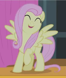 Size: 777x919 | Tagged: safe, derpibooru import, screencap, fluttershy, pegasus, pony, filli vanilli, cropped, cute, eyes closed, female, happy, mare, open mouth, raised hoof, shyabetes, smiling, spread wings, wings