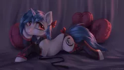 Size: 1920x1080 | Tagged: safe, artist:vincher, derpibooru import, oc, oc:clairvoyance, unofficial characters only, pony, unicorn, blackletter, bow, clothes, collar, digital art, leash, looking up, lying down, panties, pillow, prone, smiling, socks, solo, underwear