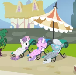 Size: 626x614 | Tagged: safe, derpibooru import, screencap, diamond tiara, silver spoon, sweetie belle, earth pony, pony, unicorn, twilight time, cropped, female, filly, glasses, open mouth, pool party, reclining, smiling, umbrella