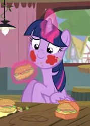 Size: 634x889 | Tagged: alicorn, burger, cropped, derpibooru import, food, glowing horn, hay burger, horn, levitation, magic, messy eating, safe, screencap, smiling, solo, telekinesis, that pony sure does love burgers, the hayburger, twilight burgkle, twilight sparkle, twilight sparkle (alicorn), twilight time