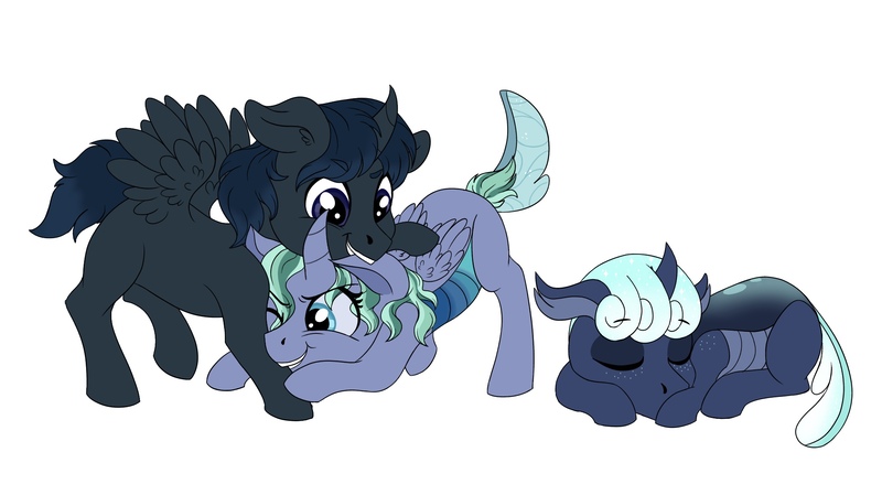 Size: 2048x1149 | Tagged: safe, artist:pastel-charms, derpibooru import, oc, oc:morpheus, oc:obsidian, oc:selene, unofficial characters only, alicorn, changepony, hybrid, pony, curved horn, female, horn, male, offspring, parent:pharynx, parent:princess luna, parents:lunarynx, simple background, white background