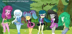 Size: 966x460 | Tagged: suggestive, alternate version, artist:charliexe, derpibooru import, cheerilee, juniper montage, octavia melody, pixel pizazz, trixie, wallflower blush, equestria girls, blue underwear, bow, bowtie, bush, clothes, embarrassed, embarrassed underwear exposure, eyes closed, female, freckles, glasses, grass, hoodie, jacket, legs, looking back, looking down, miniskirt, open mouth, panties, pants, pigtails, skirt, skirt flip, skirt lift, socks, sweater, the windy six, thighs, tree, twintails, underwear, white underwear, wind, windy
